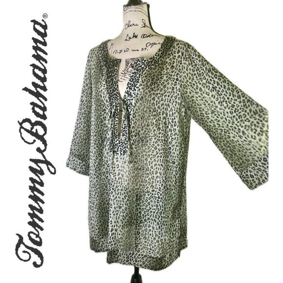 TOMMY BAHAMA SWIM COVER UP TUNIC EMBELLISHED CHEETAH ANIMAL PRINT SZ M BEACHY - Picture 1 of 16
